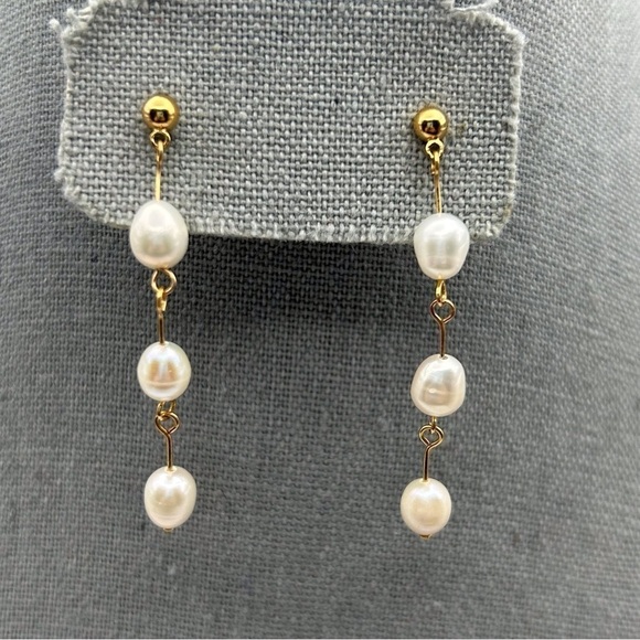 Jewelry - Classic Long Triple White Faux Pearl Stud Dangle Earrings Gold Tone